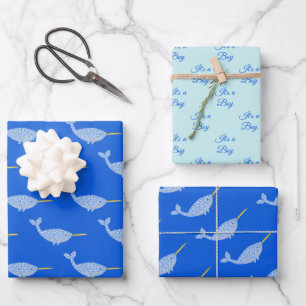 Niedlich Blue Baby Boy Narwhal Gender Reveal Geschenkpapier Set