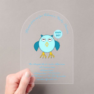 Niedlich Blue Baby Boy Owl Custom Baby Dusche Akry Acryleinladungen