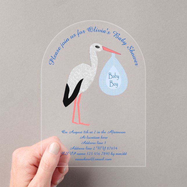 Niedlich Blue Baby Boy Stork Baby Dusche Custom Acryleinladungen (Insitu (Handheld))
