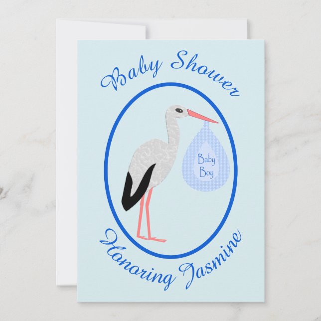 Niedlich Blue Baby Boy Stork Baby Dusche Custom Einladung (Vorderseite)
