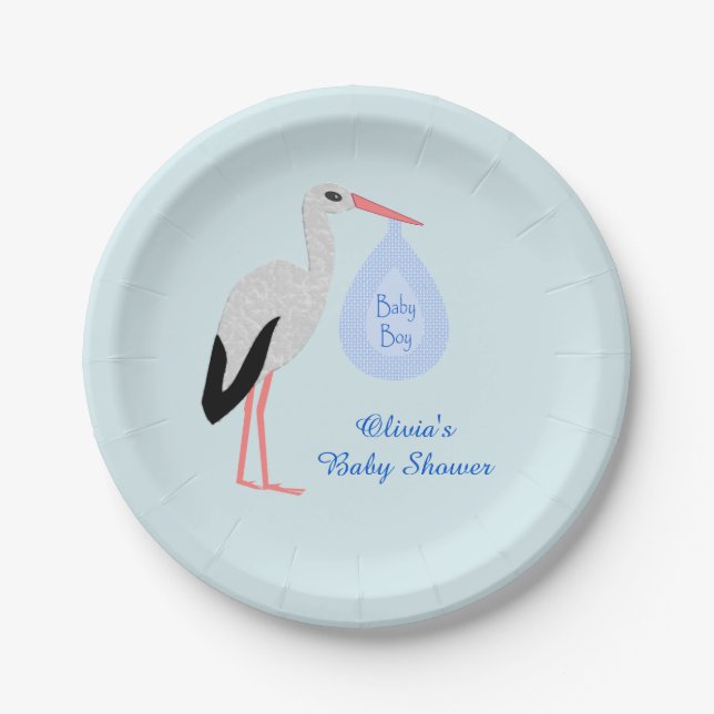Niedlich Blue Baby Boy Stork Baby Dusche Custom Pappteller (Vorderseite)