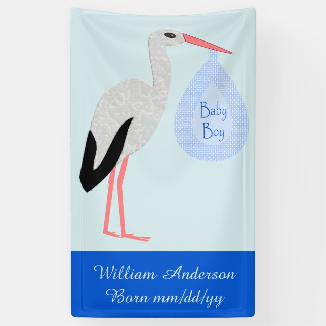 Niedlich Blue Baby Boy Stork Geburtserklärung Banner (Vertikal)