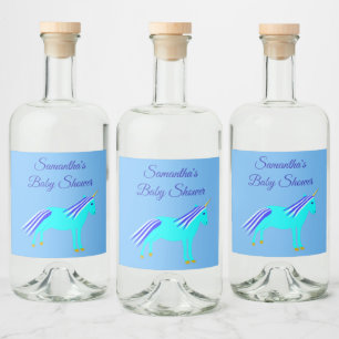 Niedlich Blue Baby Boy Unicorn Babydusche Custom L Alkoholflaschenetikett