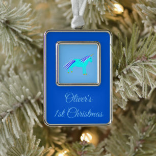 Niedlich Blue Baby Boy Unicorn Custom 1. Weihnacht Rahmen-Ornament Silber
