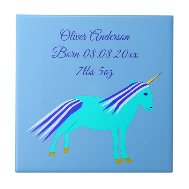 Niedlich Blue Baby Boy Unicorn Custom Birth Fliese (Vorderseite)