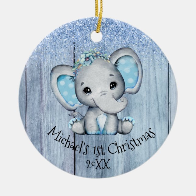 Niedlich Blue Baby Elephant 1. Weihnachtsfeier Keramik Ornament (Vorne)