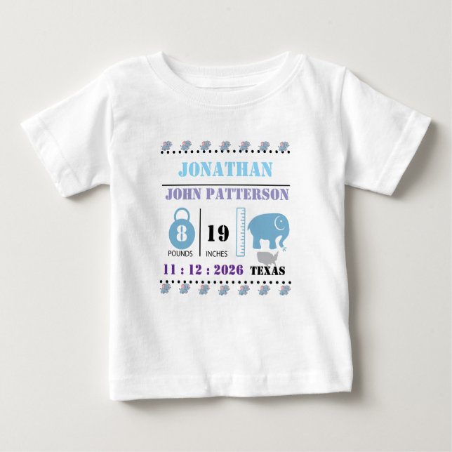 Niedlich Blue Baby Elephant Birth Ankündigung T-shirt (Vorderseite)