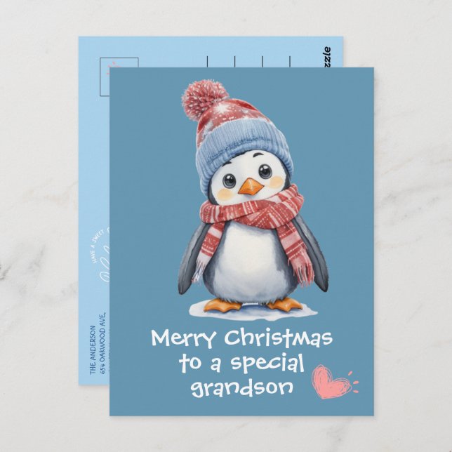 Niedlich Blue Baby Penguin für Kinder Weihnachtsfe Postkarte (Vorne/Hinten)
