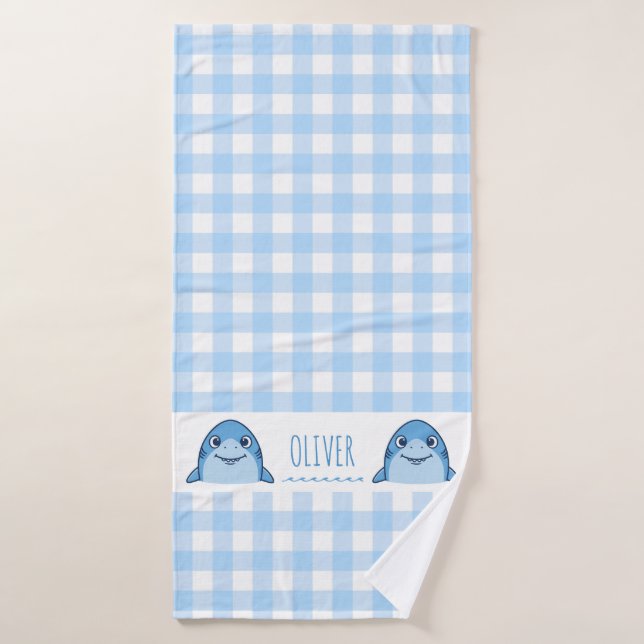 Niedlich Blue Baby Shark Gingham Name Birth Badehandtuch (Badehandtuch)