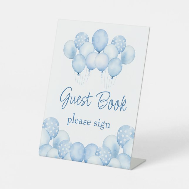 Niedlich Blue Balloons Guest Book Pedestal Sign Sockelschild (Vorderseite)