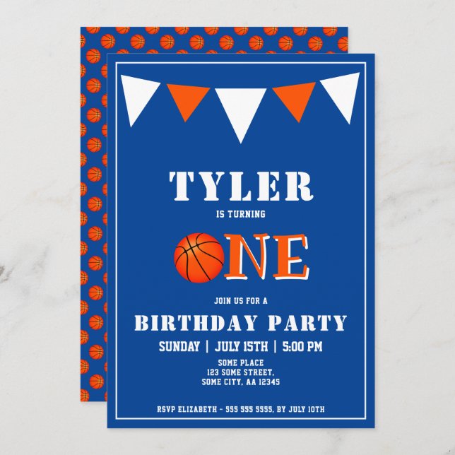 Niedlich Blue Basketball 1. Geburtstag Einladung (Vorne/Hinten)