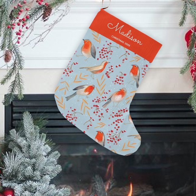 Niedlich Blue Bird Muster Weihnachtsname Großer Weihnachtsstrumpf (Cute Blue Bird Pattern Christmas Holiday Name Large Christmas Stocking)