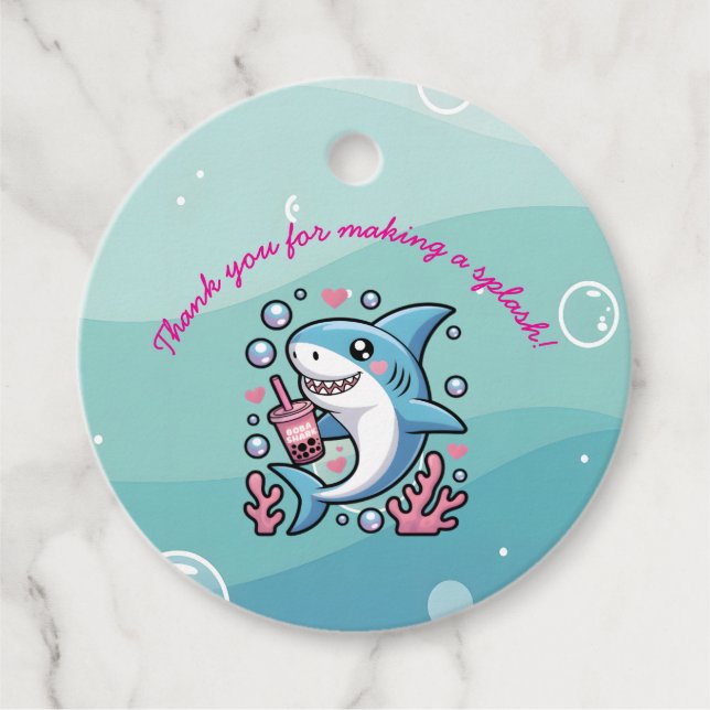 Niedlich Blue Boba Shark Hearts Baby Dusche Geschenkanhänger (Vorderseite)