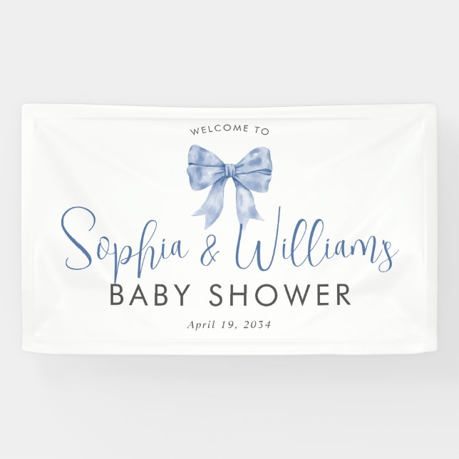 Niedlich Blue Bow Ribbon Boy Baby Dusche Willkomme Banner (Horizontal)