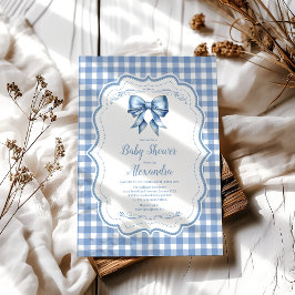 Niedlich Blue Bow Ribbon Gingham Baby Dusche Einladung