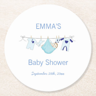 Niedlich Blue Boy Illustration Wäscheleine Wäsche Runder Pappuntersetzer