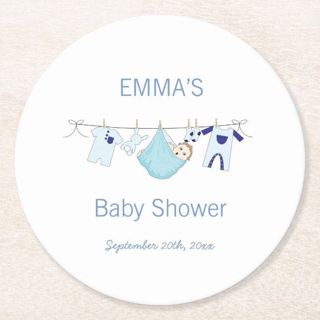 Niedlich Blue Boy Illustration Wäscheleine Wäsche Runder Pappuntersetzer (Vorderseite)