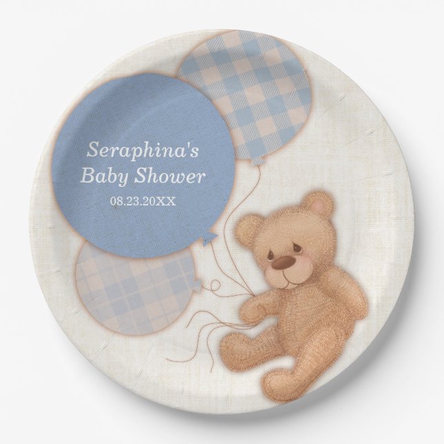 Niedlich Blue Boy Teddy Bear Baby Duschpapier Tell Pappteller (Vorderseite)