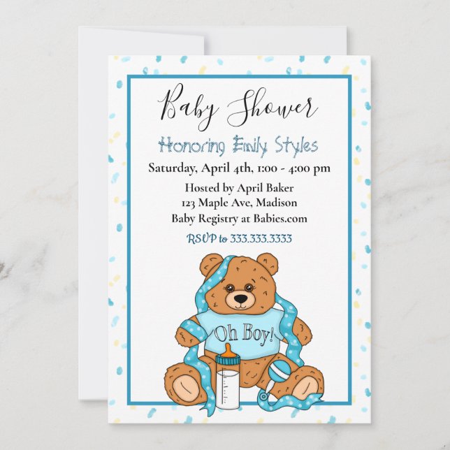 Niedlich Blue Boy's Teddy Bear Baby Shower Einladu Einladung (Vorderseite)