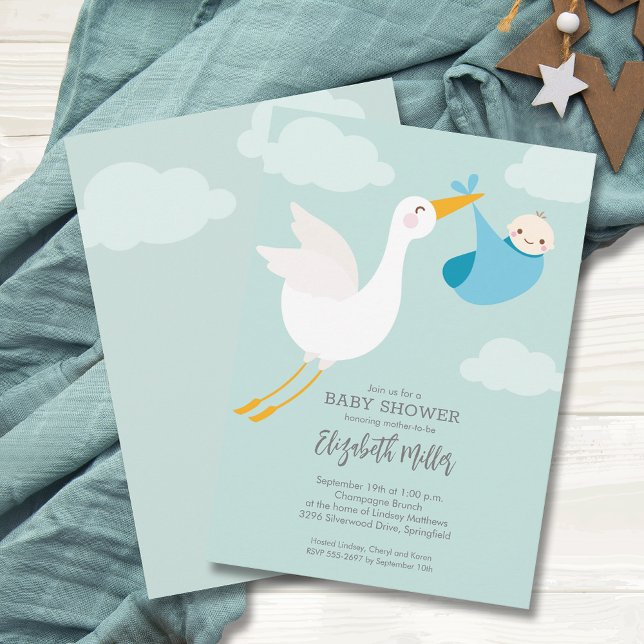 Niedlich Blue Bundle Stork Baby Dusche Einladung (Cute Blue Bundle Stork Boy Baby Shower Invitations, PRINTED and/or INSTANT DOWNLOAD)