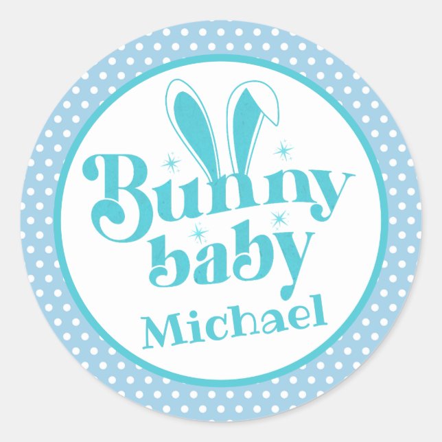 Niedlich Blue Bunny Baby Boy " Personalisiert Oste Runder Aufkleber (Vorderseite)