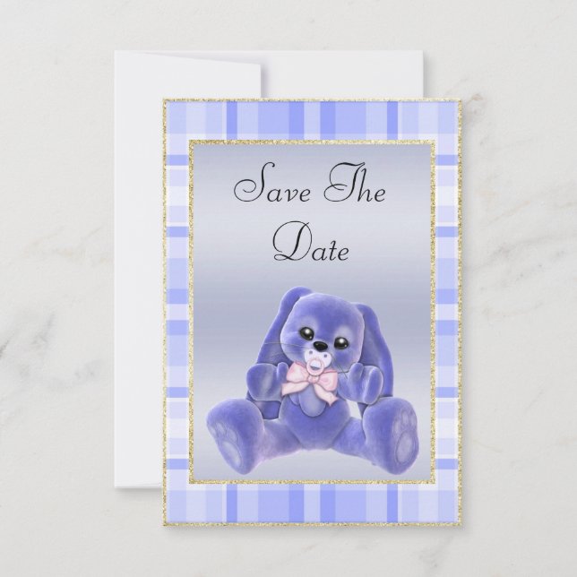Niedlich Blue Bunny Save the Date Baby Dusche (Vorderseite)
