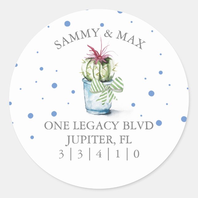 Niedlich Blue Cactus Rücksendeadresse Umschlag Auf Runder Aufkleber (Vorderseite)