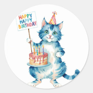 Niedlich Blue Cat Birthday Cake - Geburtstag Runder Aufkleber