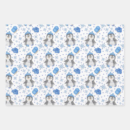 Niedlich Blue Christmas Ice Skaten Penguin Geschenkpapier Set