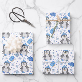 Niedlich Blue Christmas Ice Skaten Penguin Geschenkpapier Set