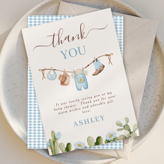Niedlich Blue Clothesline Cactus Cowboy Baby Showe Dankeskarte (Cowboy Baby Shower Thank You Card Template, Cowboy Clothesline Thank You Card Blue Floral Cactus)