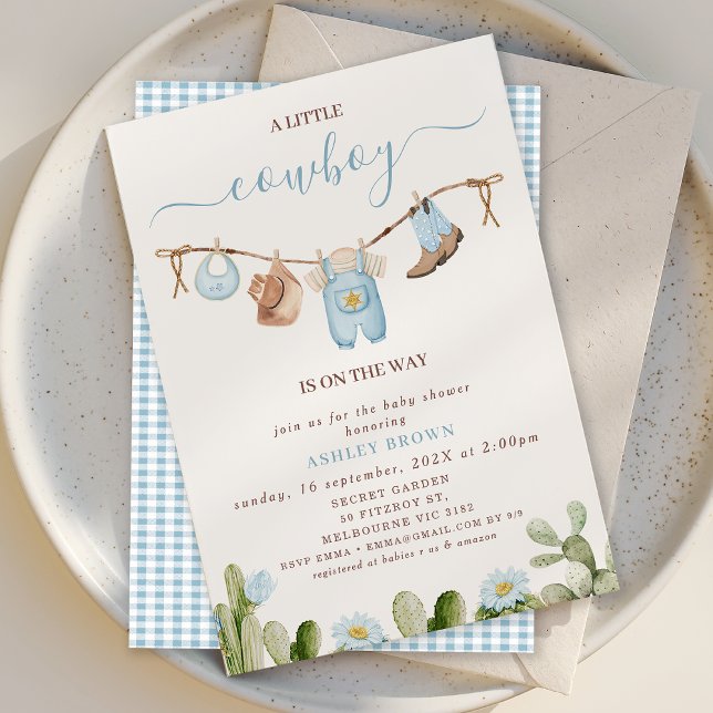 Niedlich Blue Clothesline Cactus Cowboy Baby Showe Einladung (Little Cowboy Baby Shower Invitation Blue Floral Cactus, Cowboy Baby Shower Invitation Clothesline)