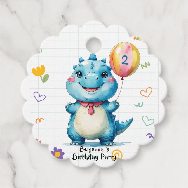 Niedlich Blue Dinosaur Balloon Geburtstagsparty Geschenkanhänger (Vorderseite)