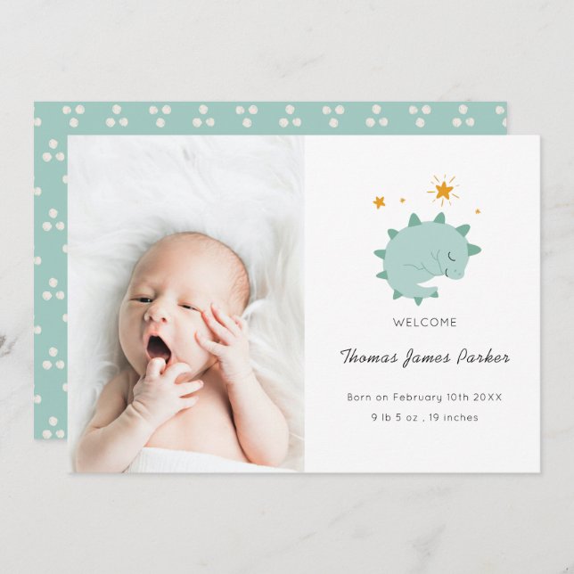 Niedlich Blue Dinosaur Boy Baby Foto Birth Ankündigung (Vorne/Hinten)