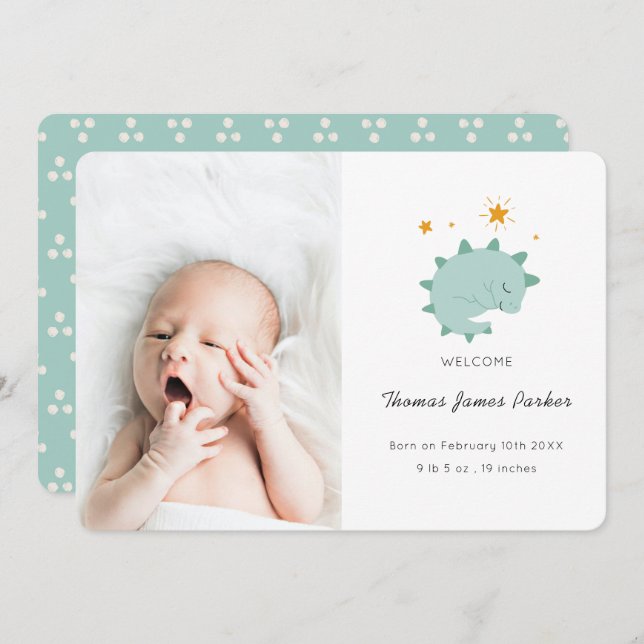 Niedlich Blue Dinosaur Boy Baby Foto Birth Ankündigung (Vorne/Hinten)