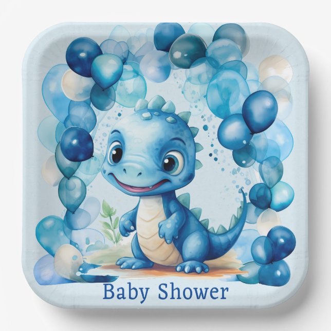 Niedlich Blue Dinosaurier Balloons Boy Baby Dusche Pappteller (Vorderseite)