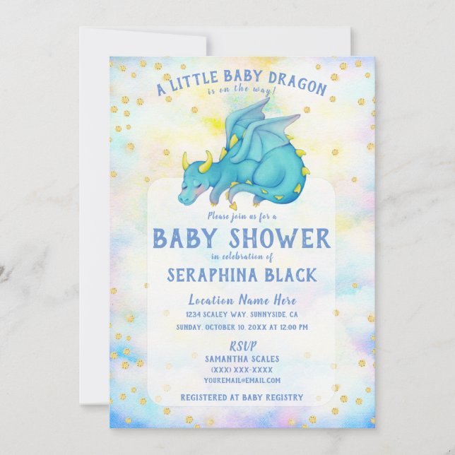 Niedlich Blue Dragon Baby Dusche Einladung (Vorderseite)