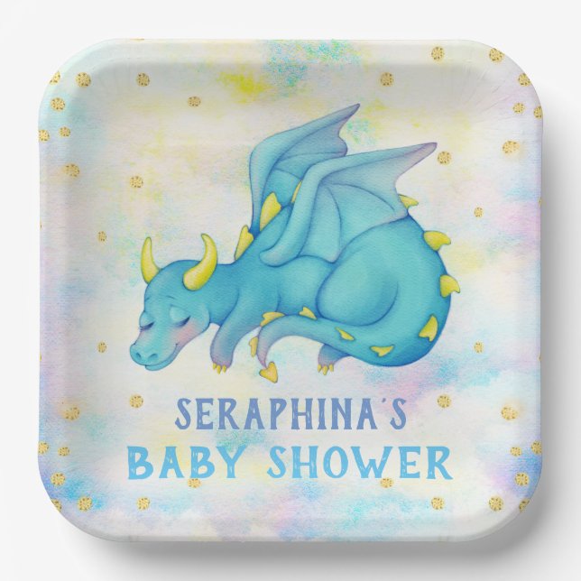 Niedlich Blue Dragon Boys Baby Shower Paper Plate Pappteller (Vorderseite)