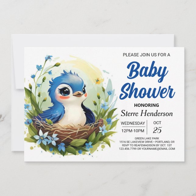 Niedlich Blue Elegant Bird Boy Baby Shower Einladung (Vorderseite)