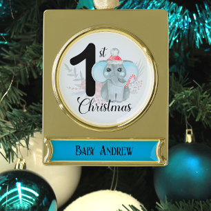 Niedlich Blue Elephant Baby Boy 1. Weihnachtskuche Banner-Ornament Gold