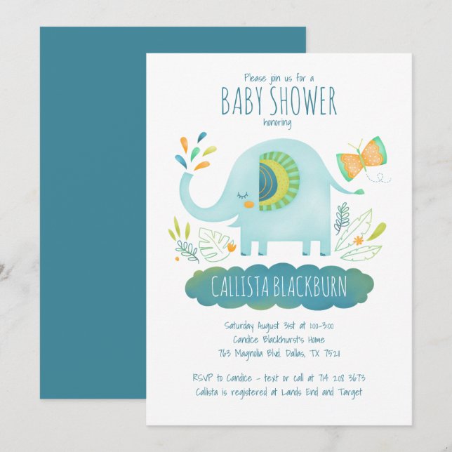 Niedlich Blue Elephant Baby Dusche Einladung (Vorne/Hinten)