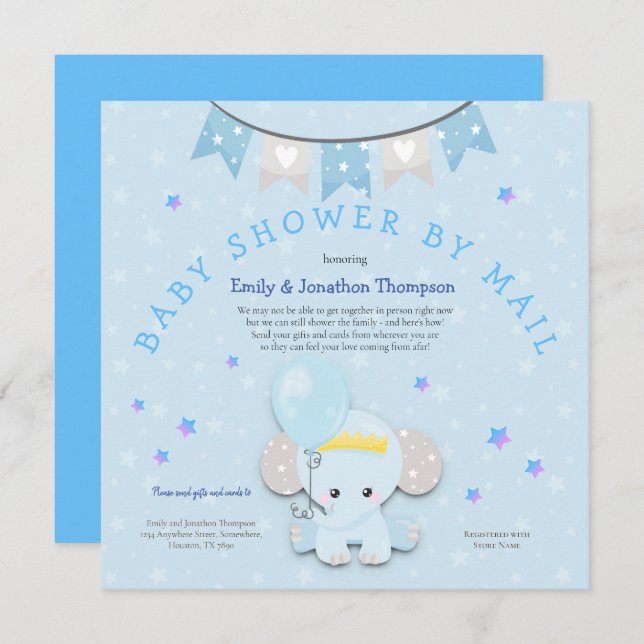 Niedlich Blue Elephant Baby Dusche per Mail Einladung (Vorne/Hinten)