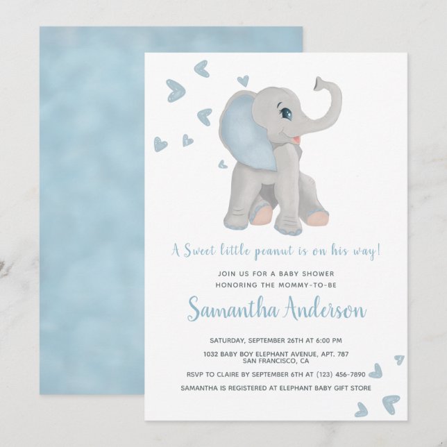 Niedlich Blue Elephant Baby Dusche Wasserfarbe Einladung (Vorne/Hinten)