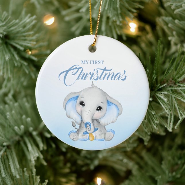 Niedlich Blue Elephant Baby's First Christmas Keramik Ornament (Baum)
