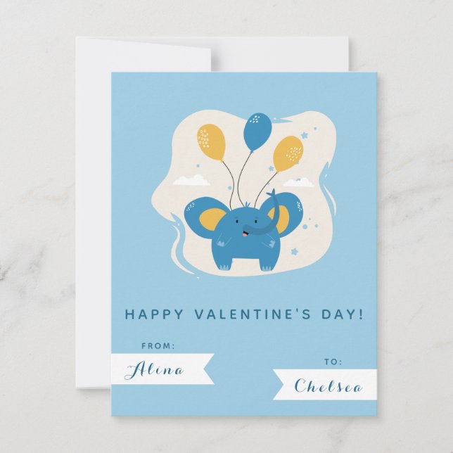 Niedlich Blue Elephant & Balloons Kinder Valentins Mitteilungskarte (Vorderseite)