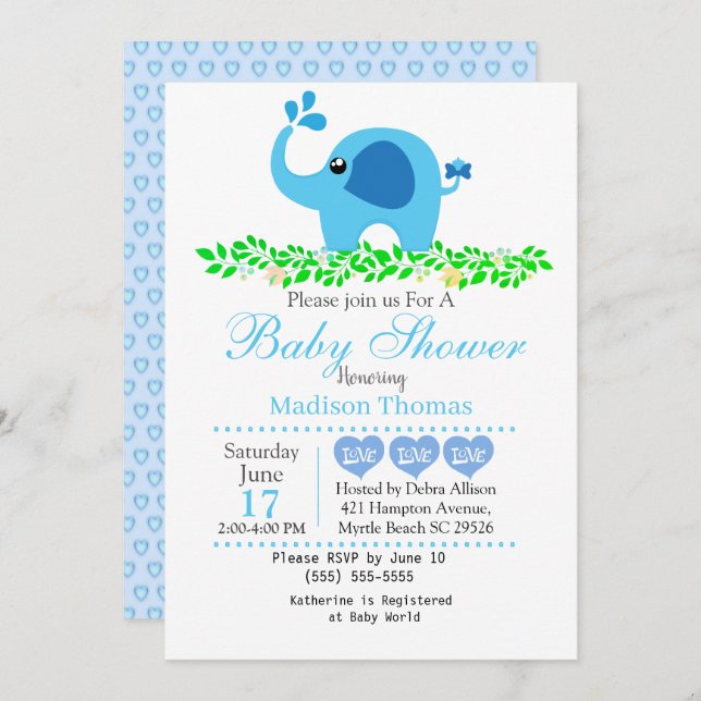 Niedlich Blue Elephant Boy Baby Dusche Einladung (Vorne/Hinten)