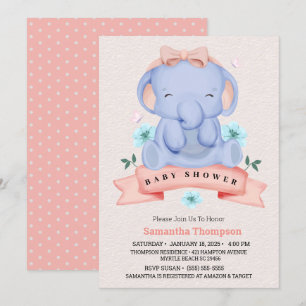 Niedlich Blue Elephant Girls Coral Baby Dusche Einladung