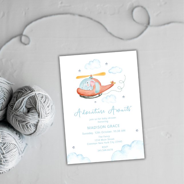 Niedlich Blue Elephant Helicopter Airplane Babydus Einladung (Cute Blue Elephant Helicopter Airplane Baby Shower Invitation)