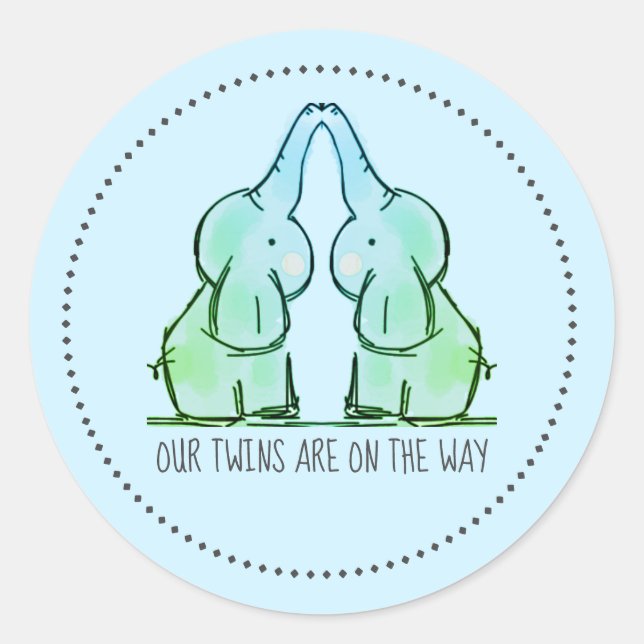 Niedlich Blue Elephant Twins Baby Shower Stickers (Vorderseite)