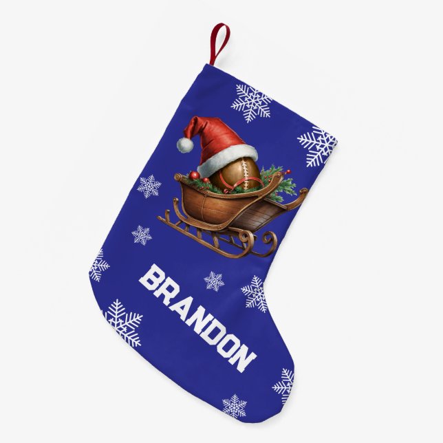 Niedlich Blue Football Santa Sleigh Name Kleiner Weihnachtsstrumpf (Vorderansicht (hängend))